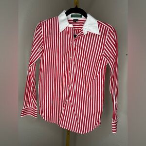 Lauren Ralph Lauren Red and White Striped Button Down Shirt